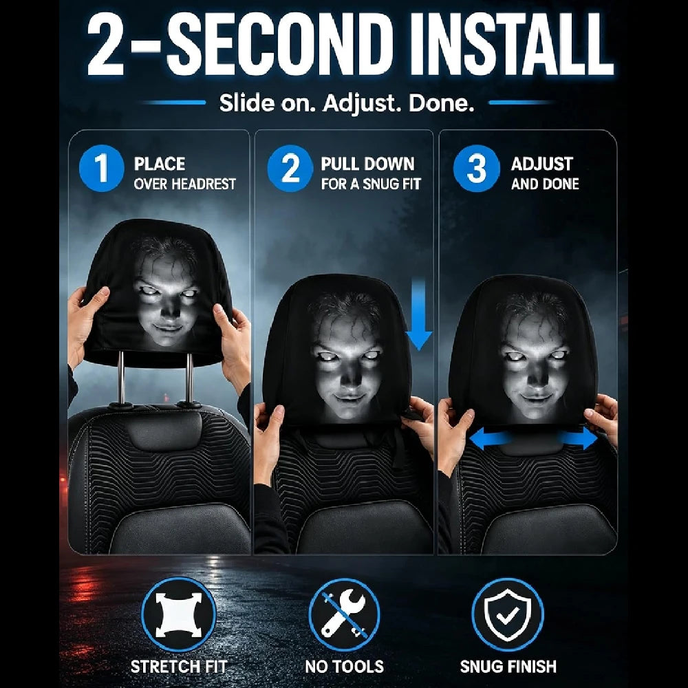 2PCS Ghost Face Headrest Covers for Cars, Stretchy Seat Headrest Protector for Auto Truck SUV, Funny Scary Washable Elastic Inte