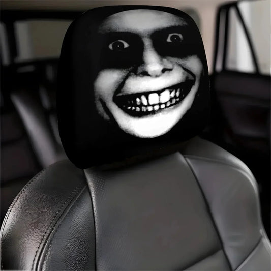 2pcs Horror-Themed Car Headrest Covers - Black & White Face Design, Unfilled Comfortable Seat Protectors for Sedan, Truck, SUV