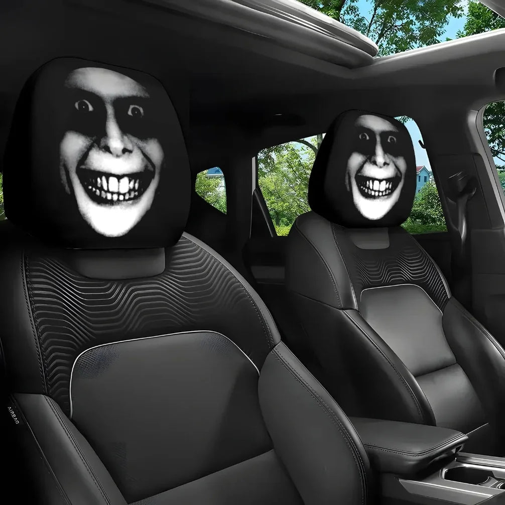 2pcs Horror-Themed Car Headrest Covers - Black & White Face Design, Unfilled Comfortable Seat Protectors for Sedan, Truck, SUV