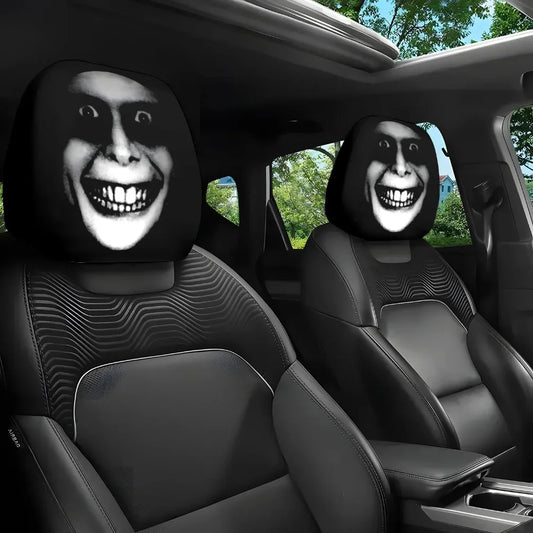 2pcs Horror-Themed Car Headrest Covers - Black & White Face Design, Unfilled Comfortable Seat Protectors for Sedan, Truck, SUV